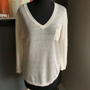 Lou & grey ecru 100% linen loose knit V neck sweater, small